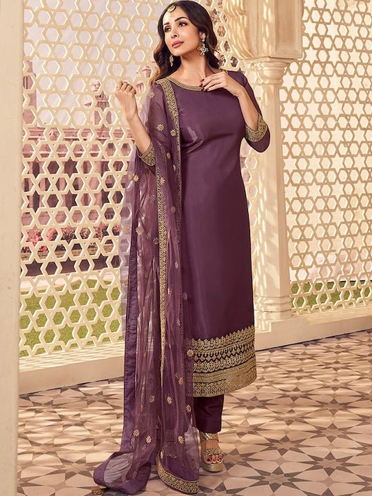 Embroidered Round Neck Zari Purple Kurta Set With Dupatta - Image 6