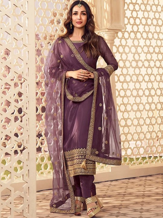 Embroidered Round Neck Zari Purple Kurta Set With Dupatta - Image 5