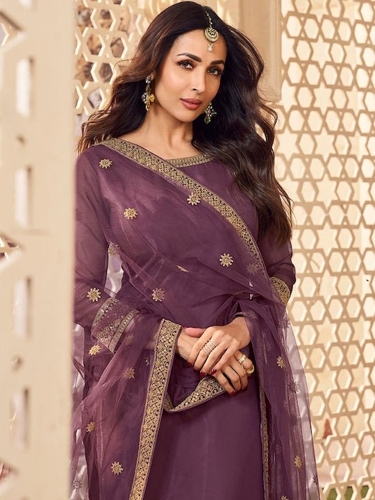 Embroidered Round Neck Zari Purple Kurta Set With Dupatta - Image 4