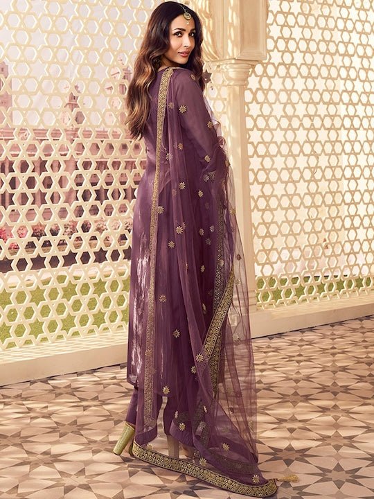 Embroidered Round Neck Zari Purple Kurta Set With Dupatta