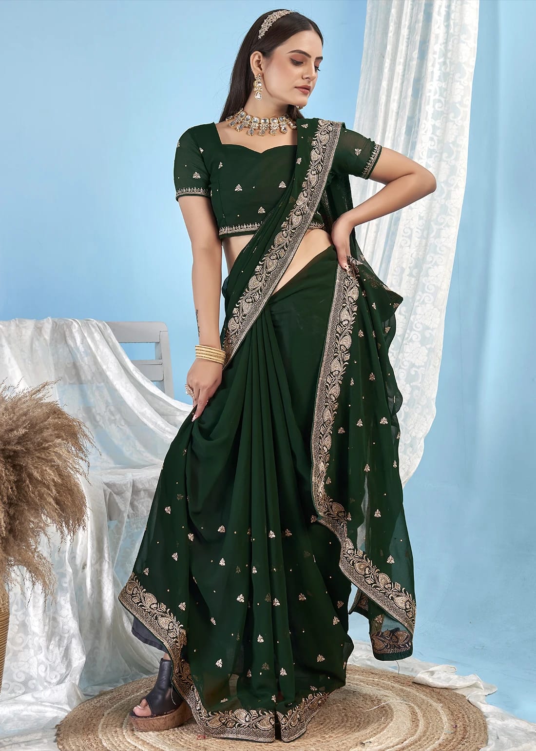 Bottle Green Embroidered Georgette Saree with Stone Work - Image 2