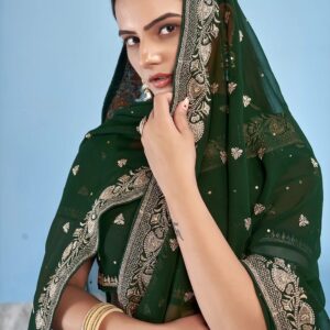 Bottle Green Embroidered Georgette Saree with Stone Work
