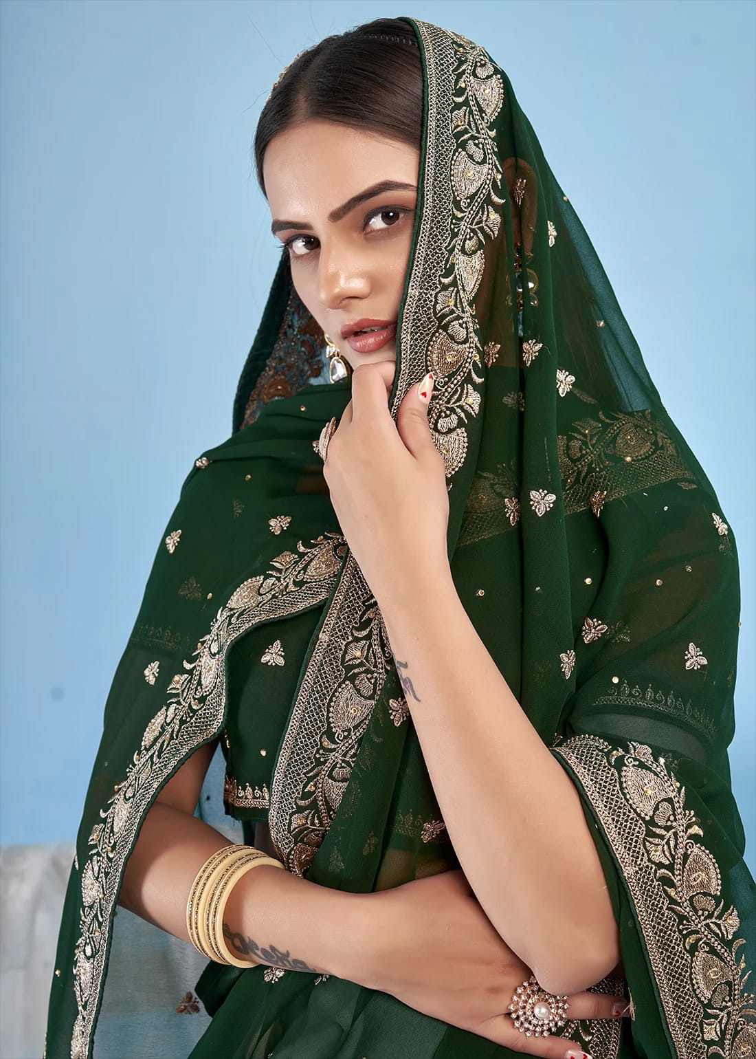 Bottle Green Embroidered Georgette Saree with Stone Work
